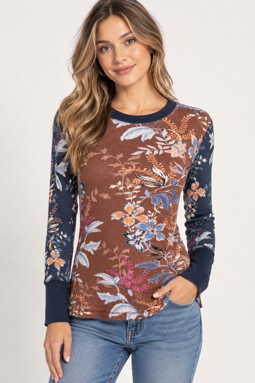 Sundance Brown Floral Cotton Long Sleeve Top Small